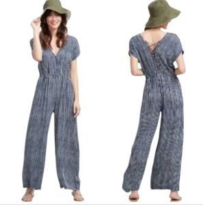 Cost Plus World Market Striped Boho Coastal Grandma Nautical Jumpsuit Pockets